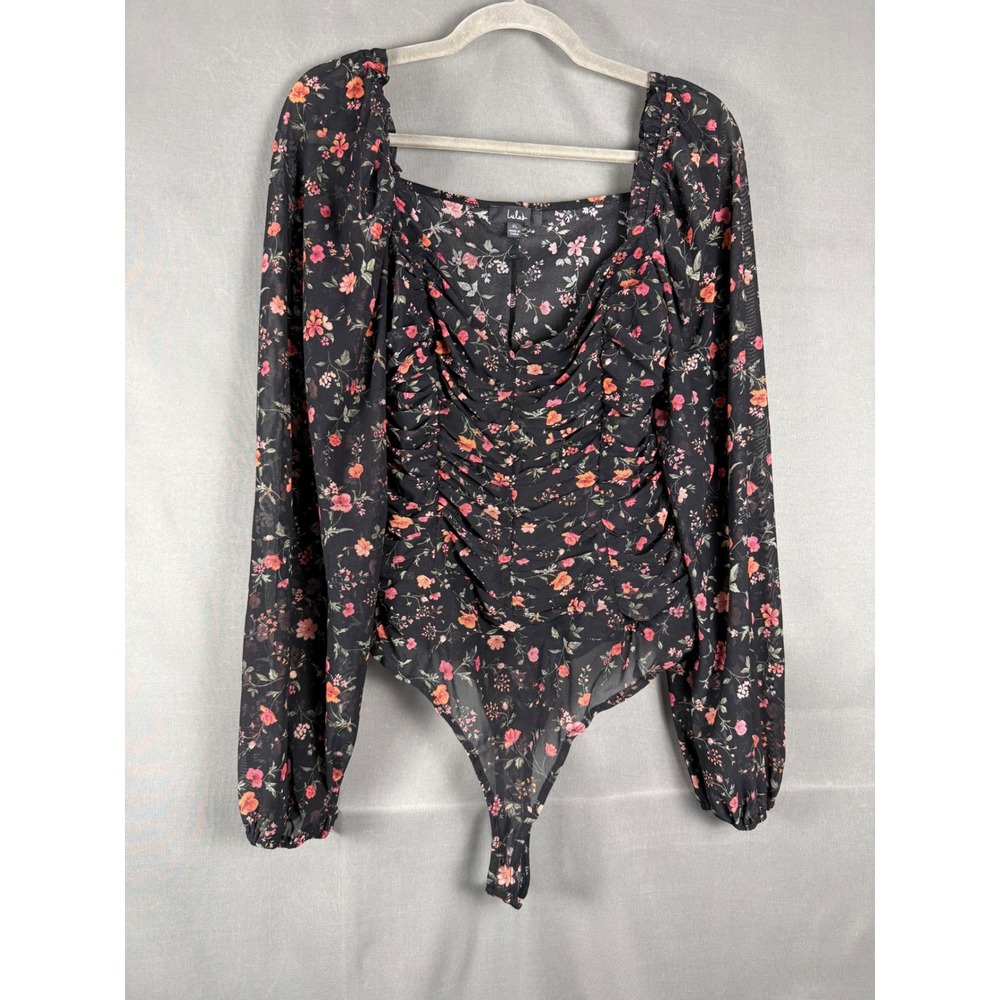 Lulus Bodysuit Women XL Black Floral Ruched Mesh Long Sleeve PT42198EL